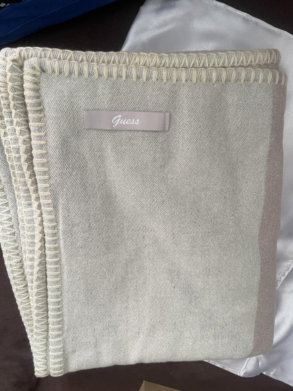 Guess Woven Fleece Blanket Finished Edges Beige Striped 46"x61" w/ Satin Bag